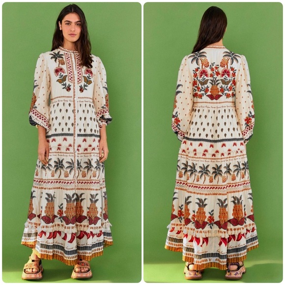 FARM Rio Dresses & Skirts - Farm Rio 🌴🍍XL Tropical Pineapple Palm Embroidered Beaded Midi Dress